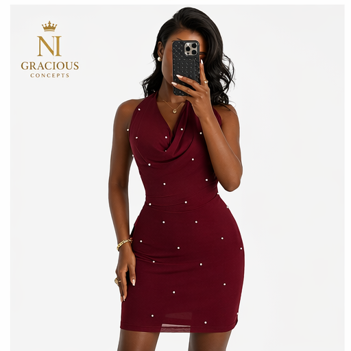 Luxury Burgundy Pearl Halter Mini Dress