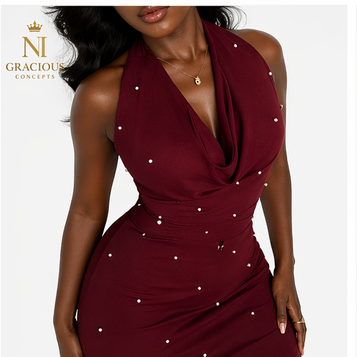 Luxury Burgundy Pearl Halter Mini Dress