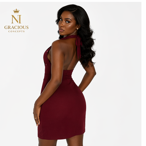 Luxury Burgundy Pearl Halter Mini Dress