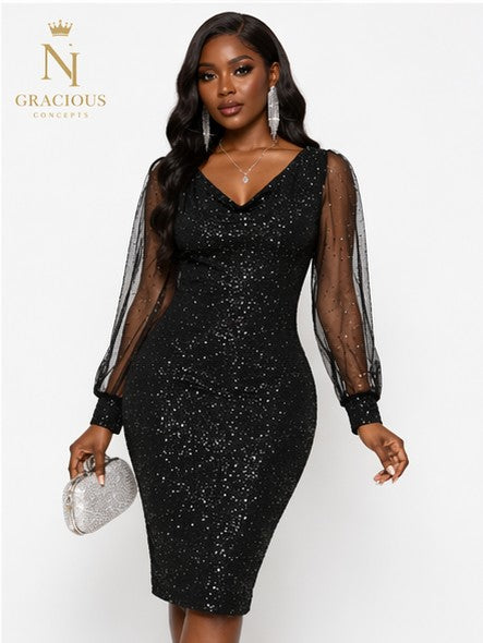 Black Luxe Sparkle Mesh Sleeve Dress