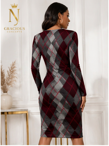 Crimson Check Bodycon Dress – Wine & Grey