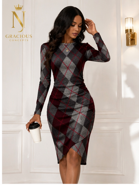 Crimson Check Bodycon Dress – Wine & Grey