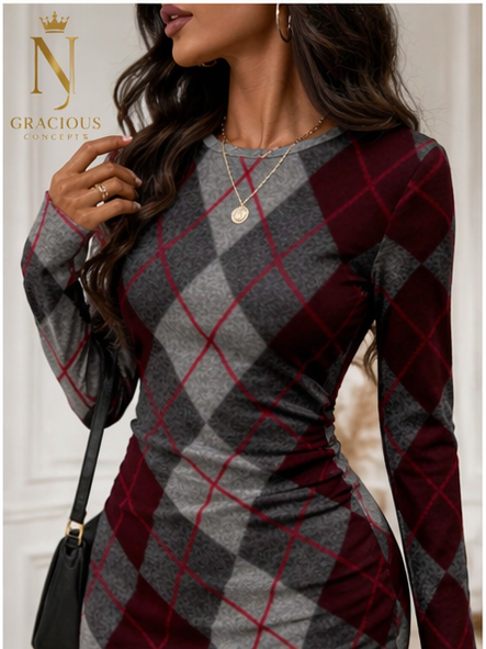 Crimson Check Bodycon Dress – Wine & Grey