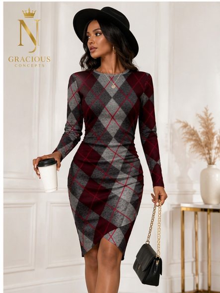 Crimson Check Bodycon Dress – Wine & Grey