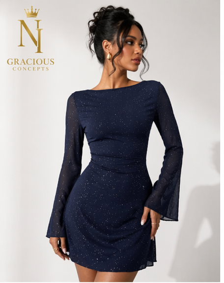 Midnight Sparkle Flare Sleeve Dress – Navy