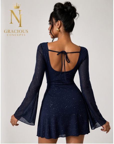 Midnight Sparkle Flare Sleeve Dress – Navy