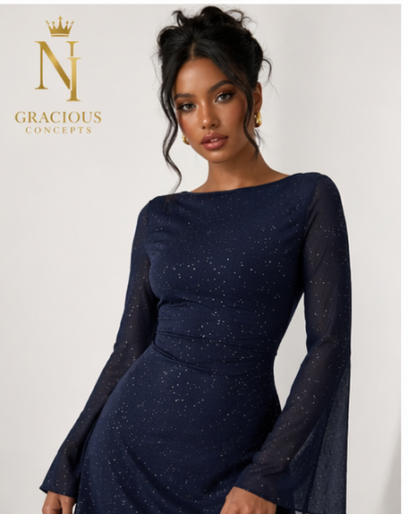 Midnight Sparkle Flare Sleeve Dress – Navy