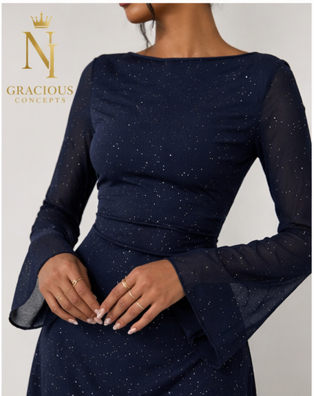 Midnight Sparkle Flare Sleeve Dress – Navy