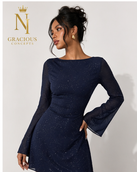 Midnight Sparkle Flare Sleeve Dress – Navy