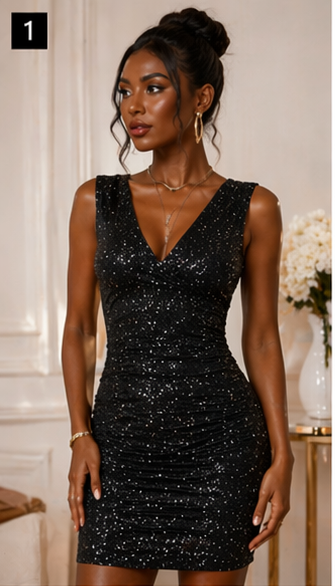 Midnight Glam Ruched Mini Dress – Black