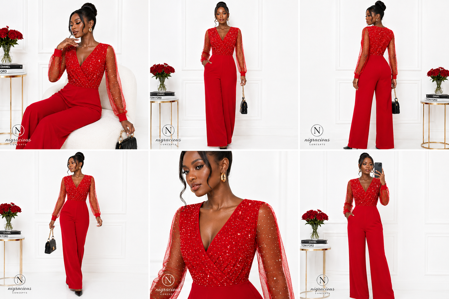 Scarlet Embellished Wide-Leg Jumpsuit – Red