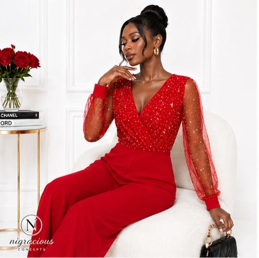 Scarlet Embellished Wide-Leg Jumpsuit – Red