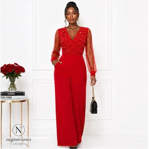 Scarlet Embellished Wide-Leg Jumpsuit – Red