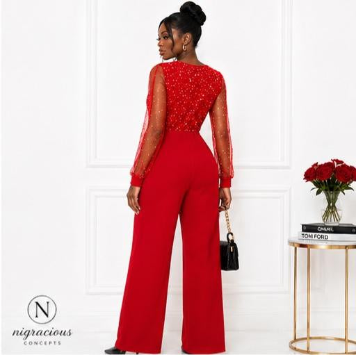Scarlet Embellished Wide-Leg Jumpsuit – Red
