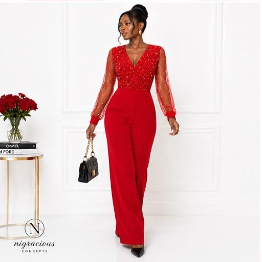 Scarlet Embellished Wide-Leg Jumpsuit – Red