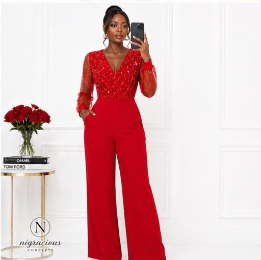 Scarlet Embellished Wide-Leg Jumpsuit – Red