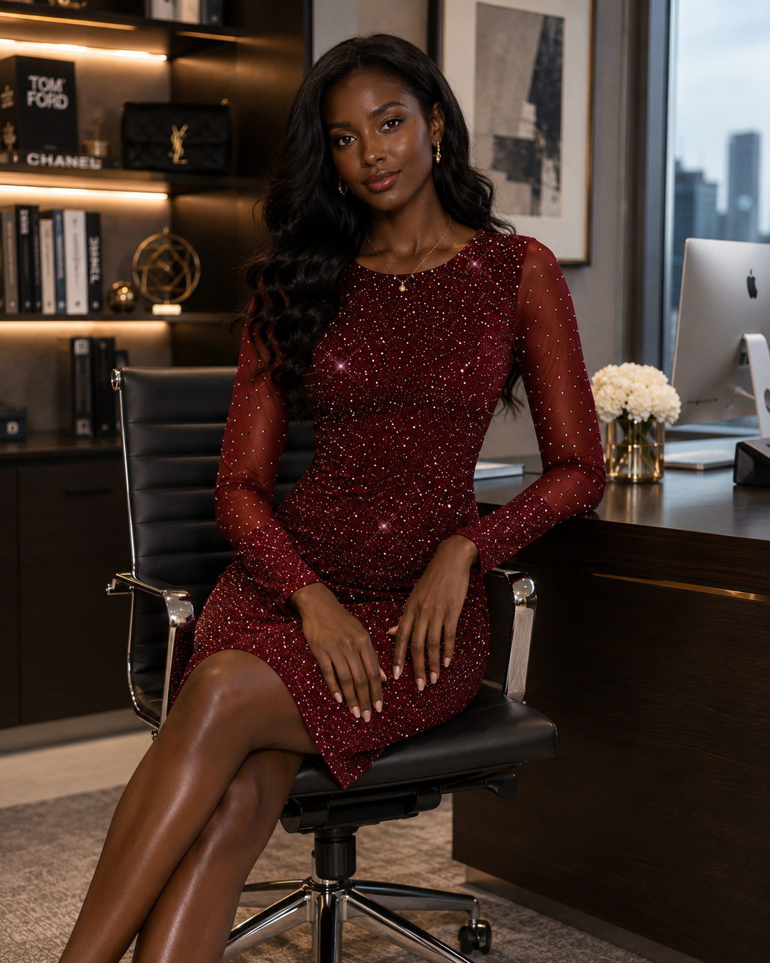 Burgundy Glitter Mesh Sleeve Bodycon Mini Dress
