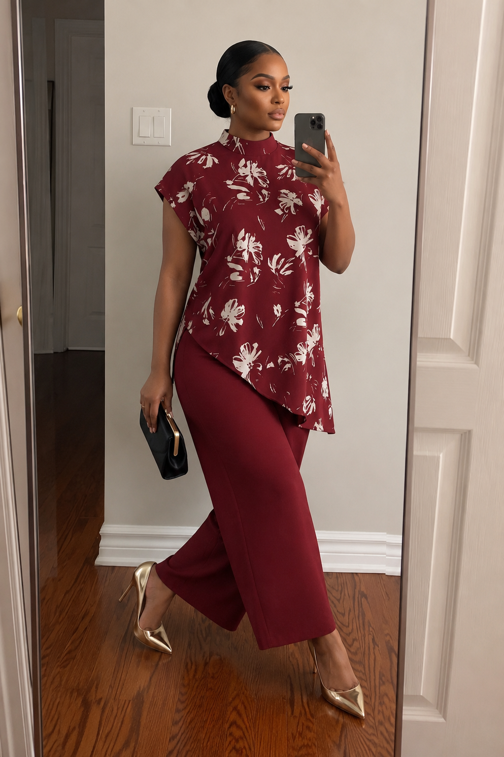 Burgundy Floral Two-Piece Wide Leg Pants Set