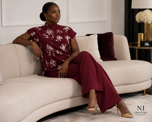 Burgundy Floral Two-Piece Wide Leg Pant Set