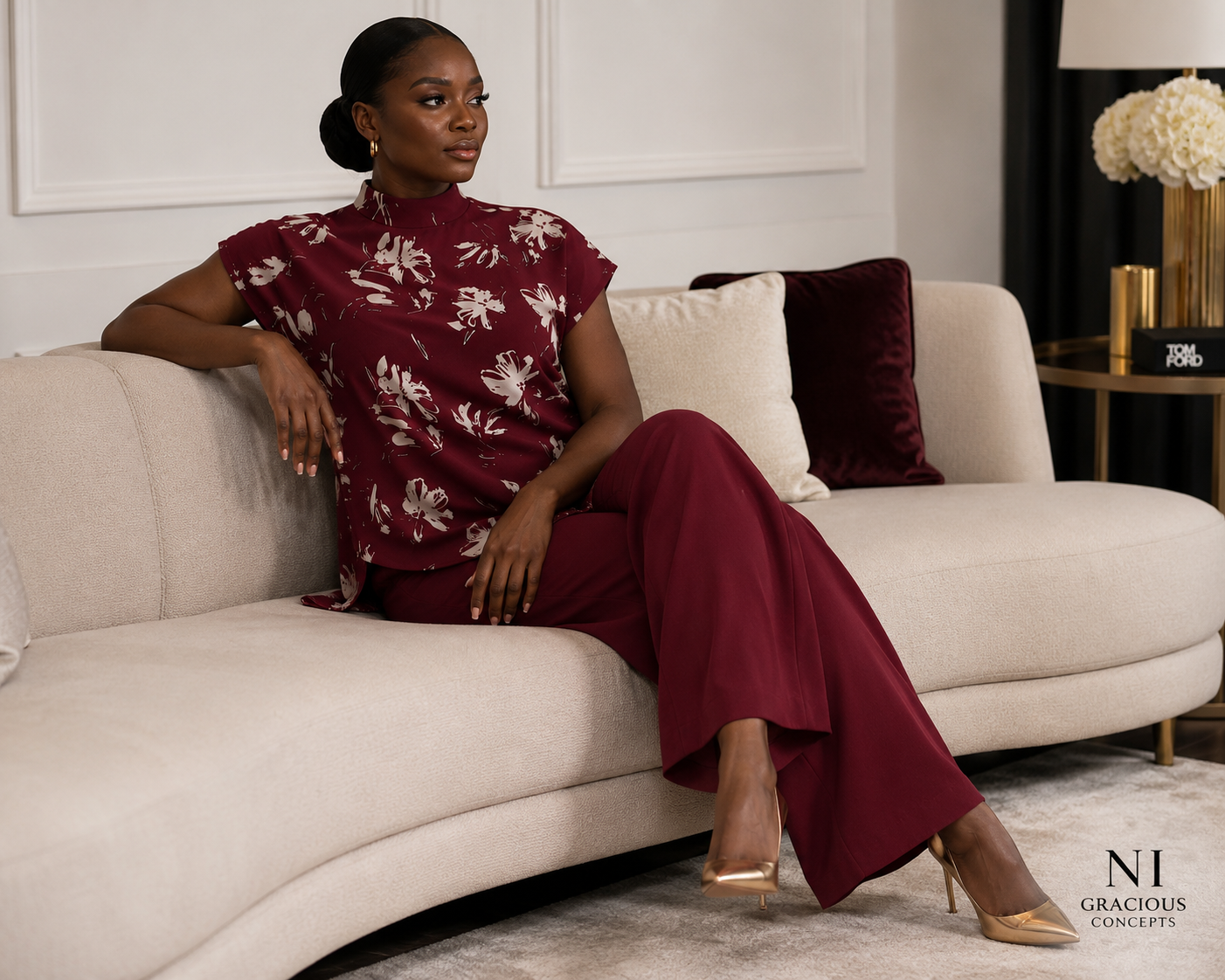 Burgundy Floral Two-Piece Wide Leg Pants Set