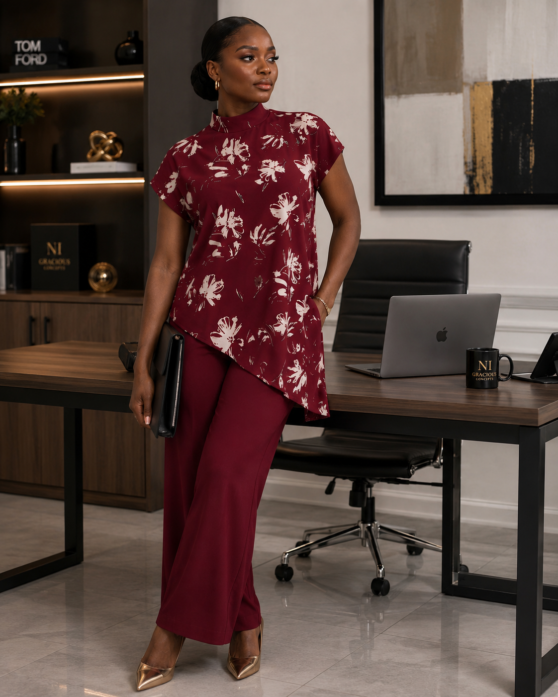 Burgundy Floral Two-Piece Wide Leg Pants Set