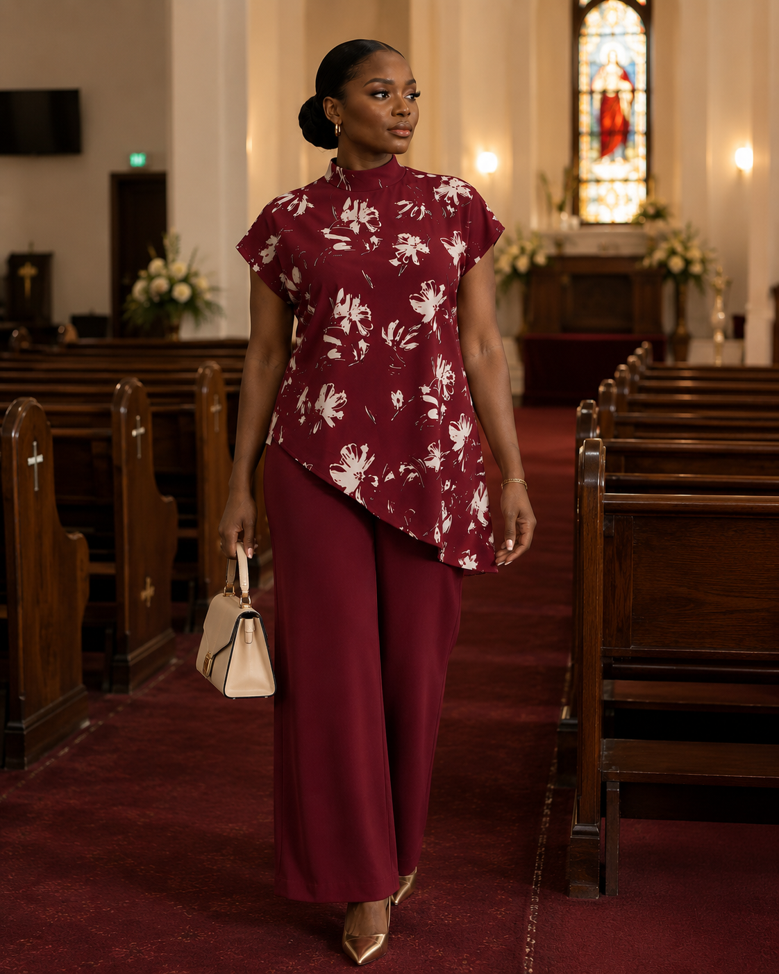 Burgundy Floral Two-Piece Wide Leg Pant Set