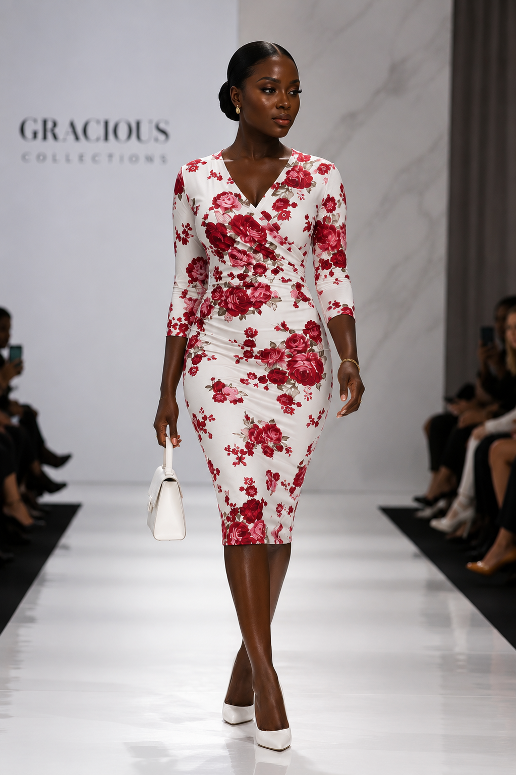 White & Red Floral Wrap Bodycon Midi Dress