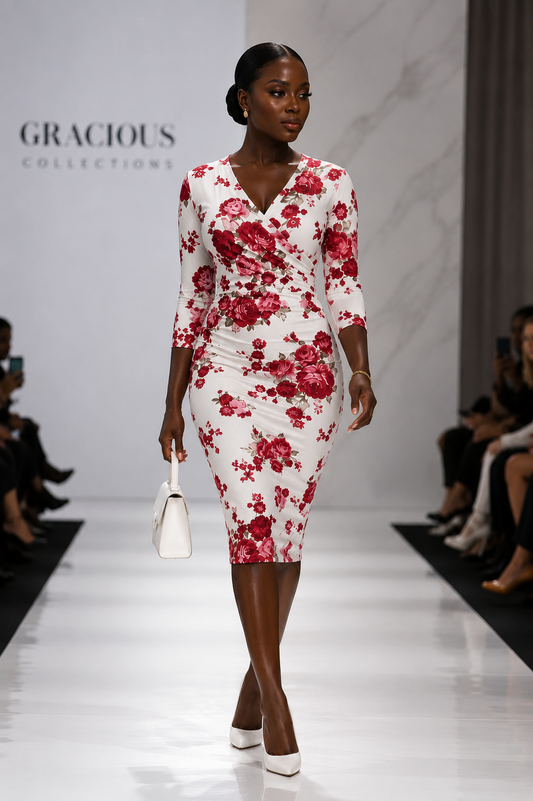 White & Red Floral Wrap Bodycon Midi Dress