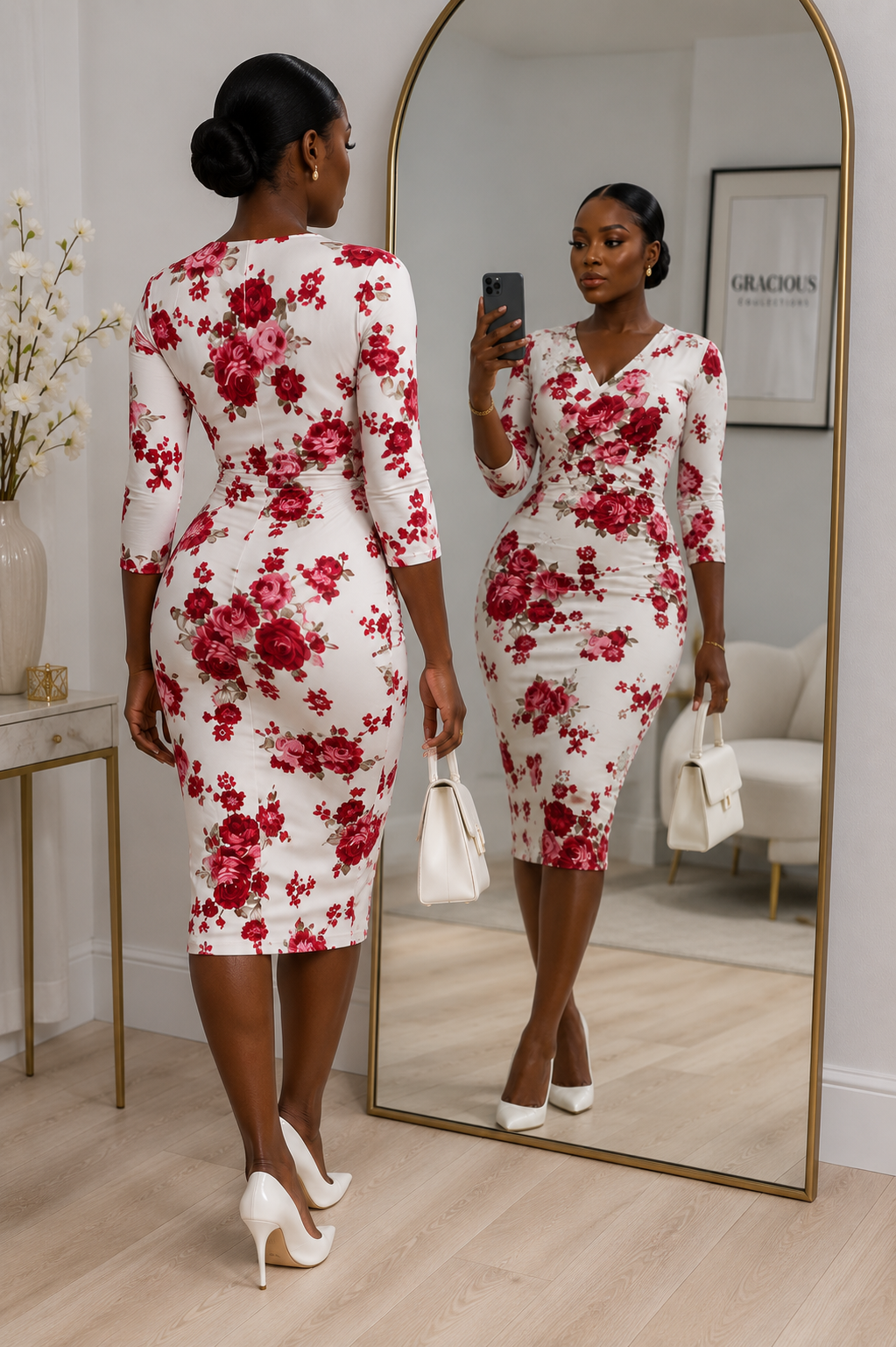 White & Red Floral Wrap Bodycon Midi Dress