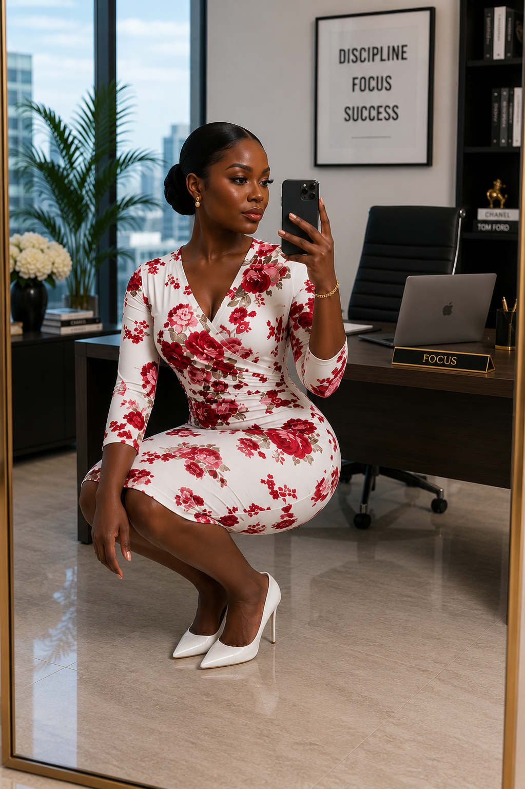 White & Red Floral Wrap Bodycon Midi Dress