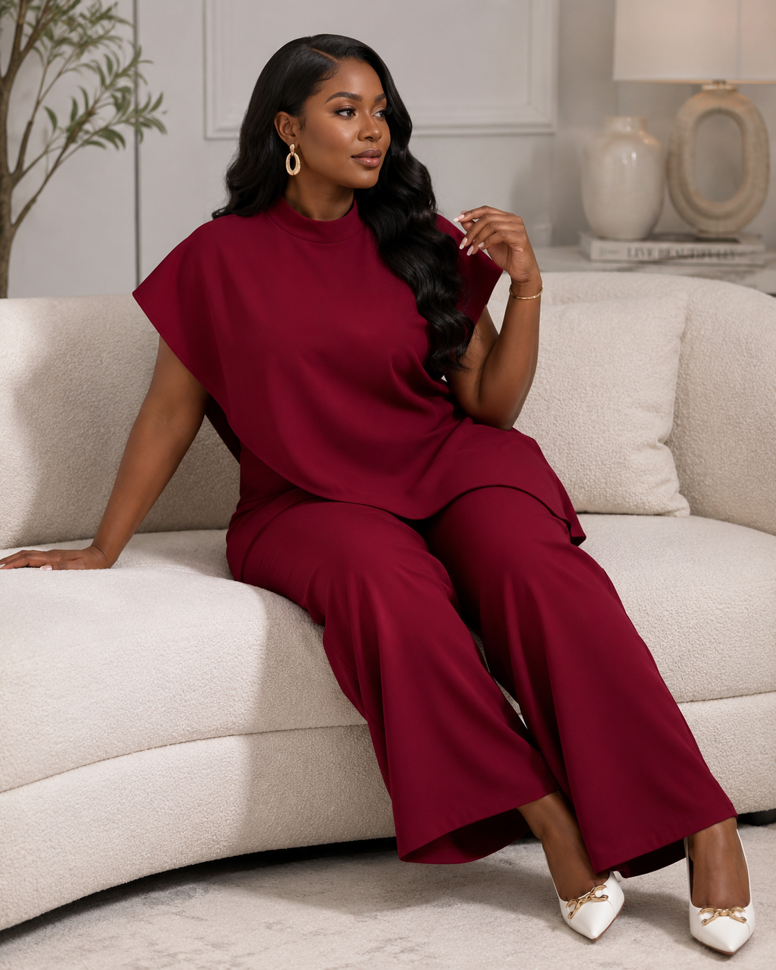 Burgundy Two-Piece Wide Leg Pants Set