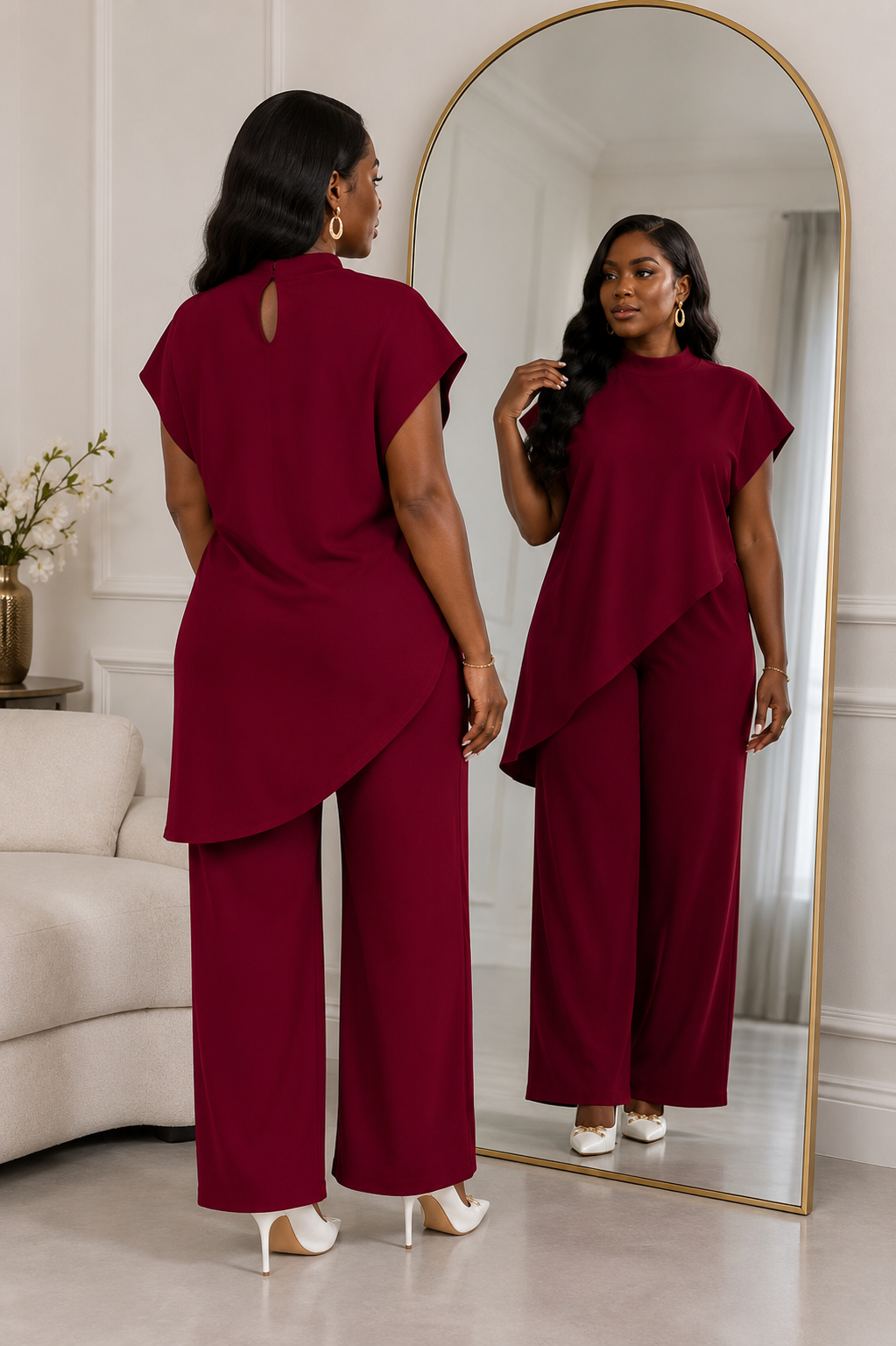 Burgundy Two-Piece Wide Leg Pants Set