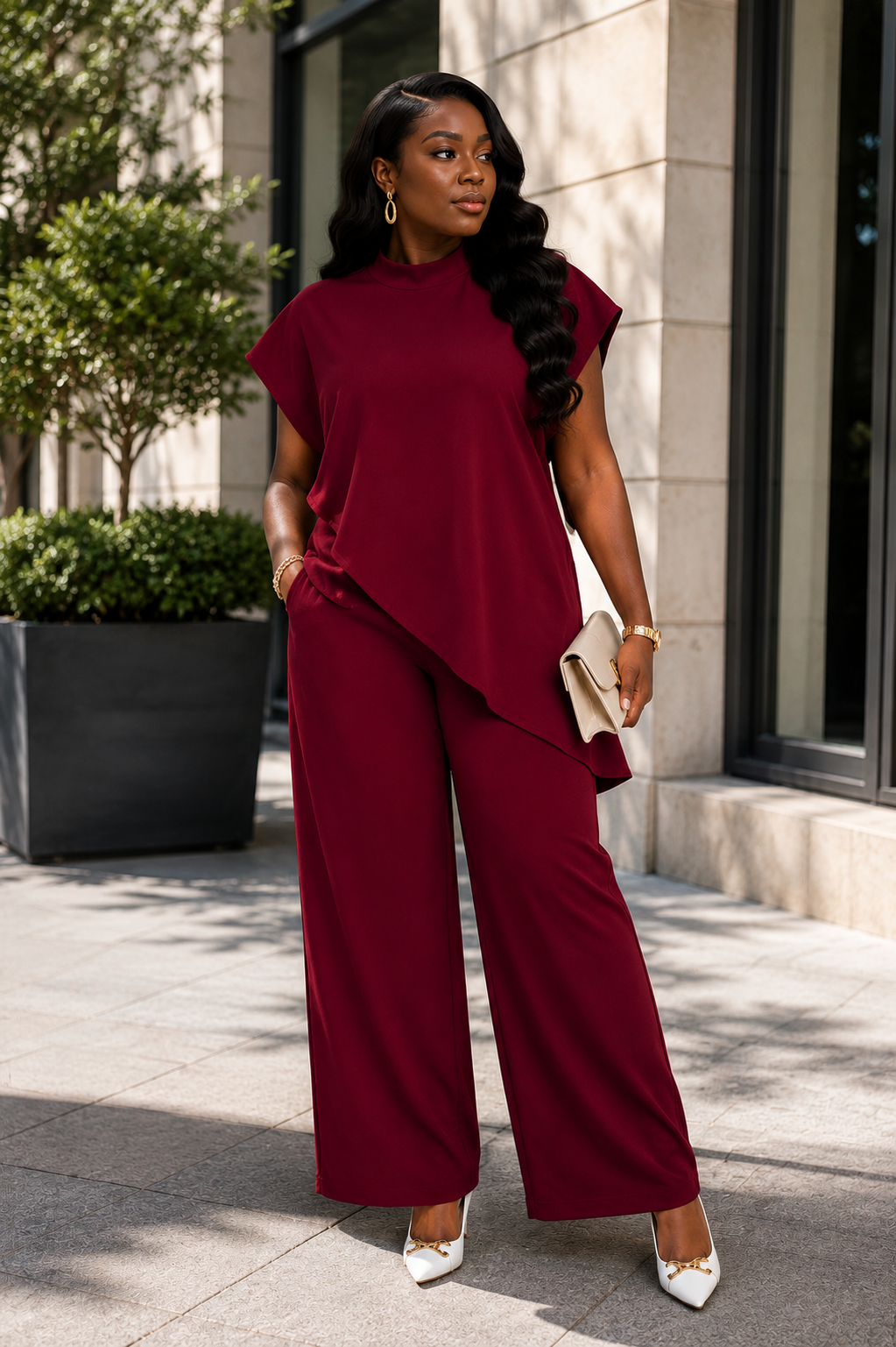 Burgundy Two-Piece Wide Leg Pants Set