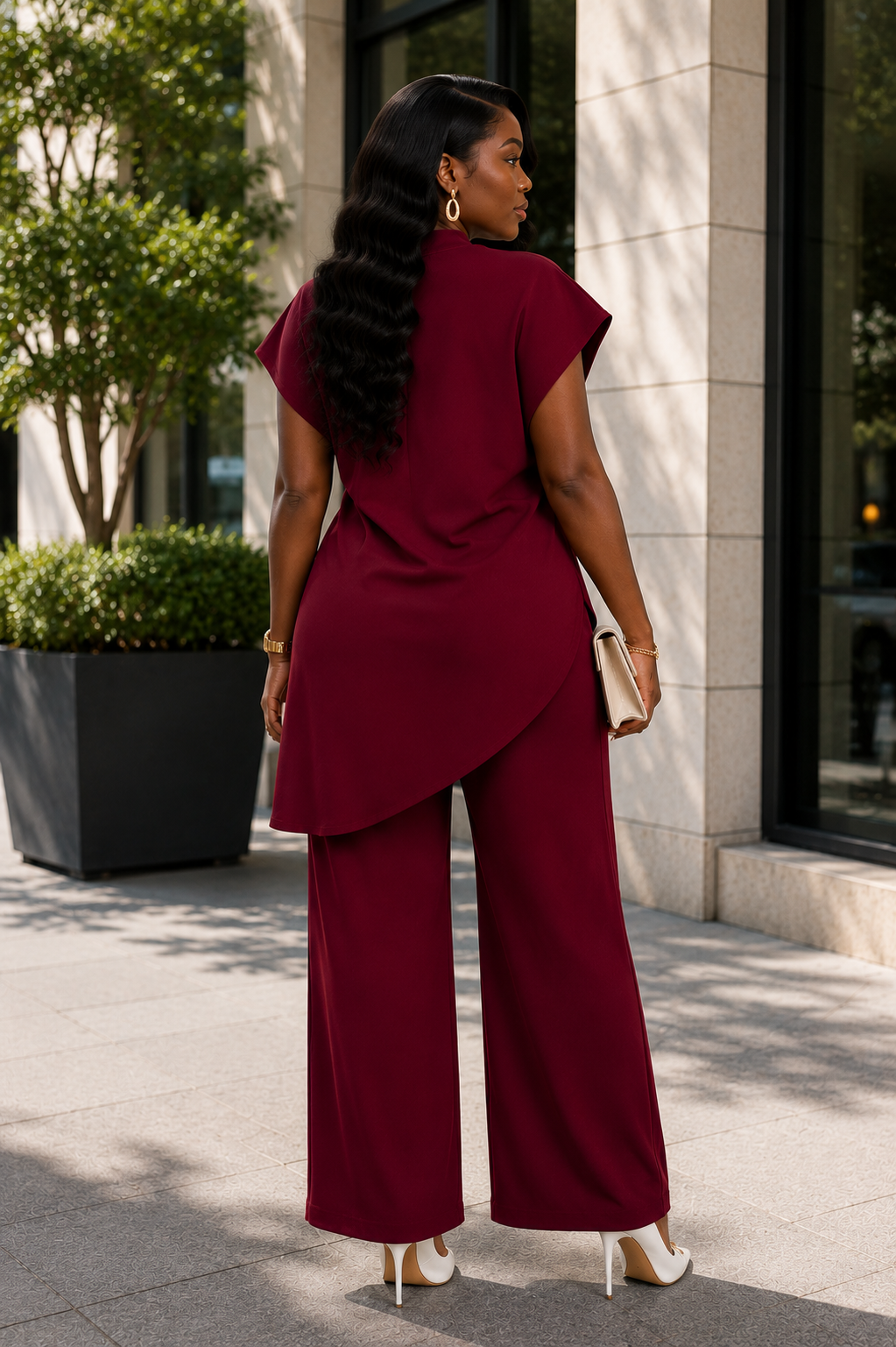 Burgundy Two-Piece Wide Leg Pants Set