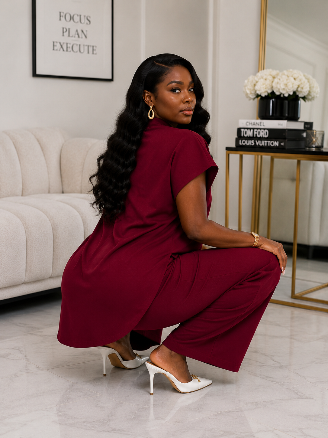 Burgundy Two-Piece Wide Leg Pants Set