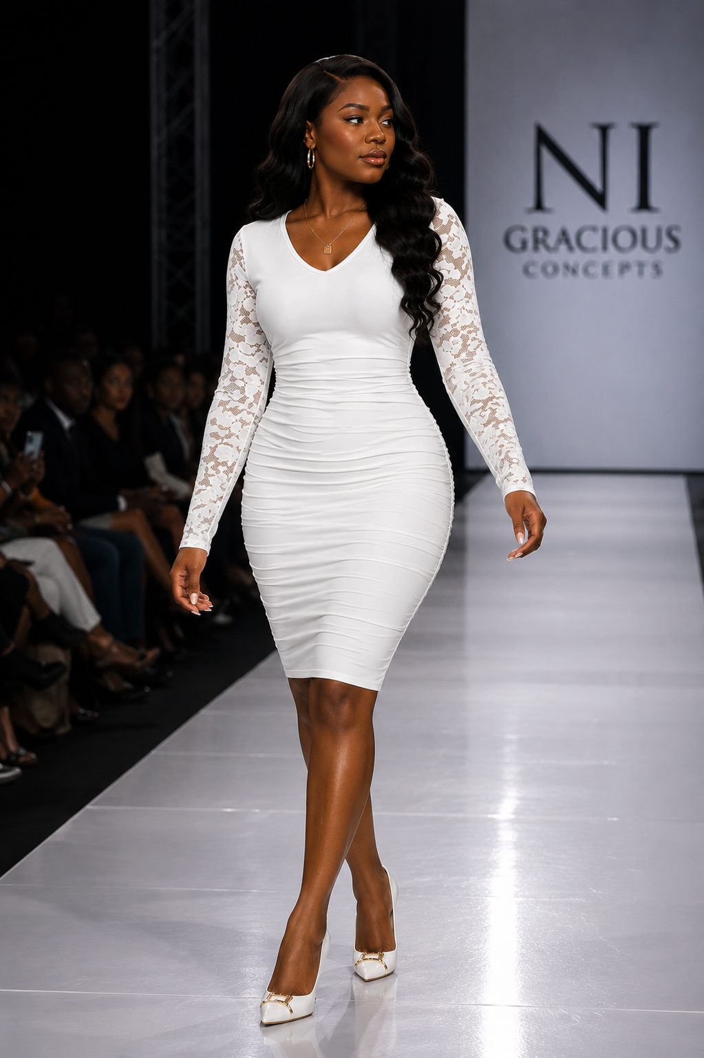 White Lace Sleeve Ruched Bodycon Midi Dress