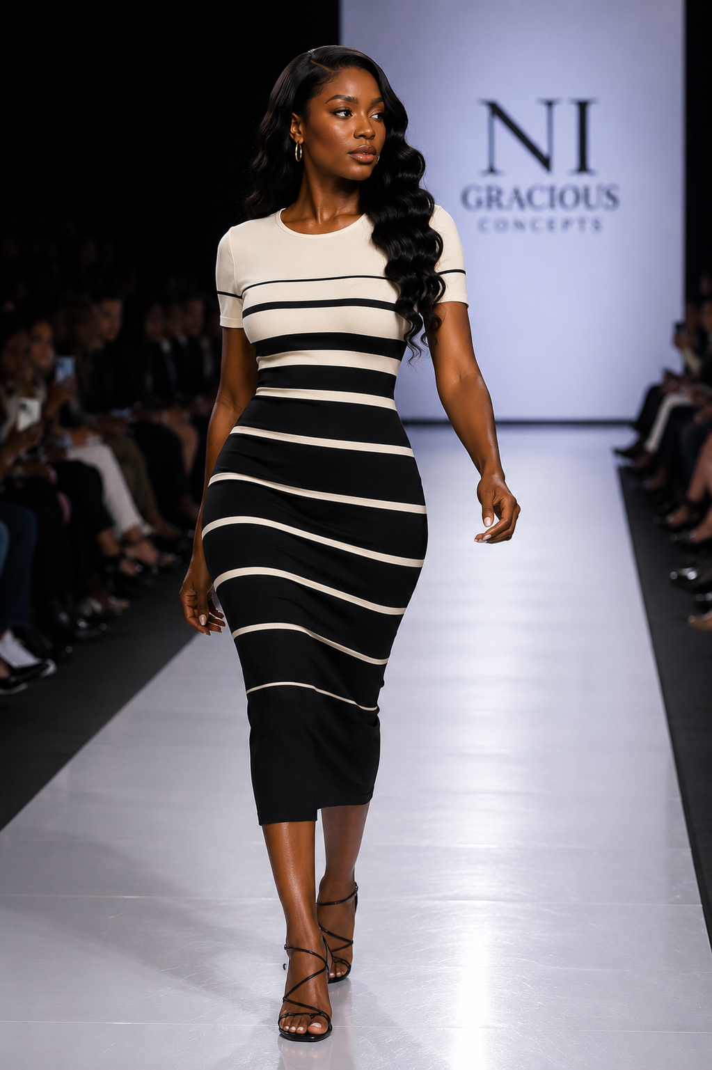 Black & White Striped Bodycon Midi Dress