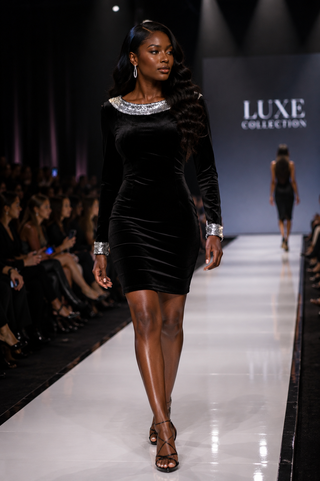 Black Velvet Long Sleeve Mini Bodycon Dress with Silver Embellished Trim