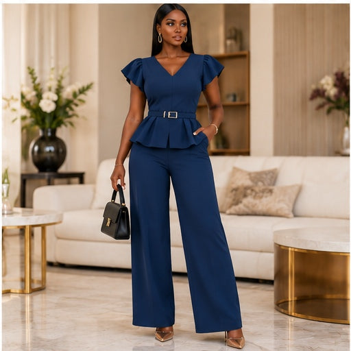 Victoria Navy Peplum Wide-Leg two piece