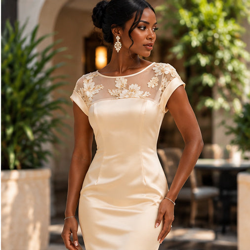 Champagne Blossom Embroidered Midi Dress