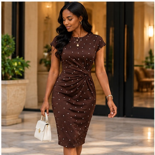 Cocoa Pearl Ruched Midi Dress