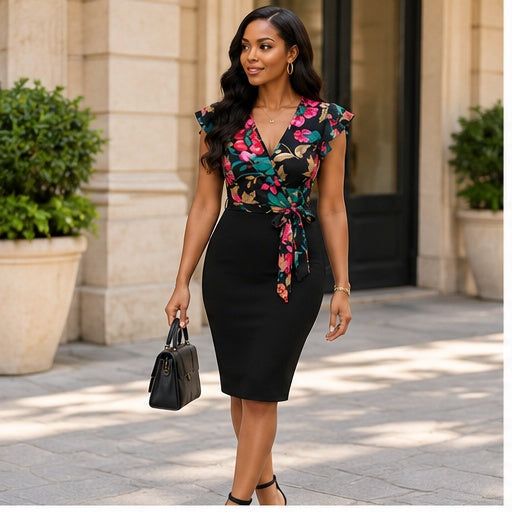 Zara Black Floral Wrap Midi Dress