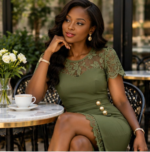 Amara Olive Lace Wrap Midi Dress