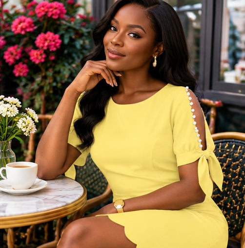 Soleil Yellow Pearl Detail Shift Dress