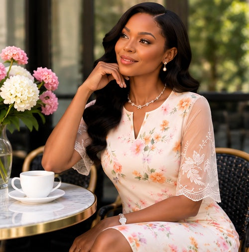 Isabella Ivory Floral Lace Sleeve Midi Dress