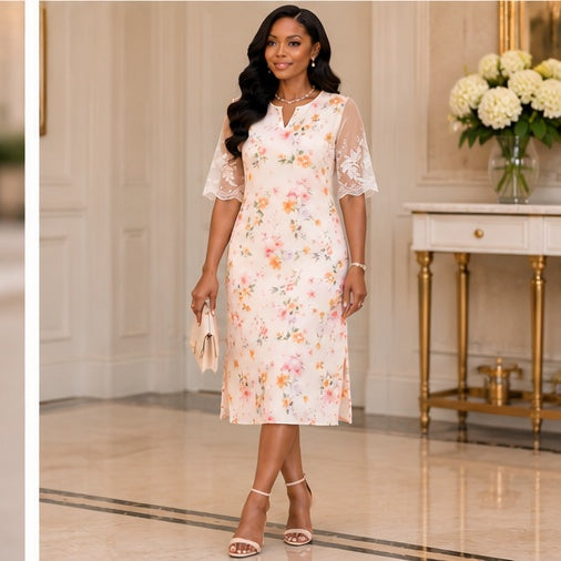 Isabella Ivory Floral Lace Sleeve Midi Dress