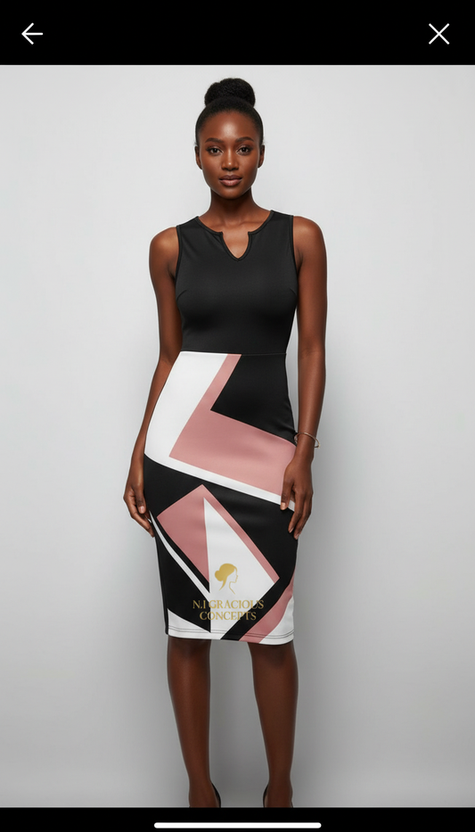 Nigracious Concepts Signature Geometric Midi Dress – Black, Blush & White