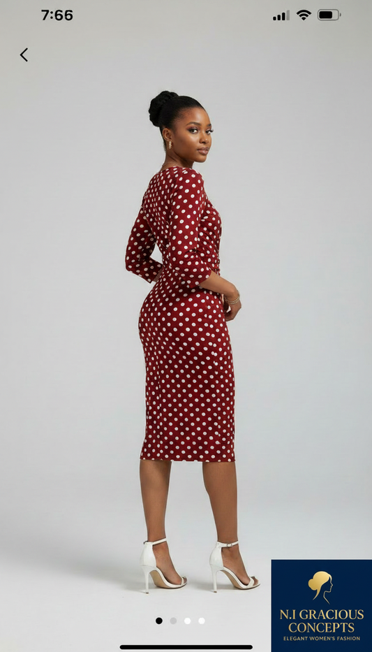 Classic Polka Dot Midi Dress – Wine Red