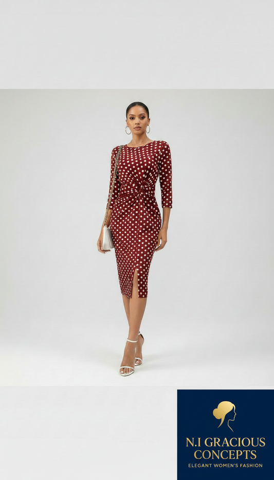 Classic Polka Dot Midi Dress – Wine Red