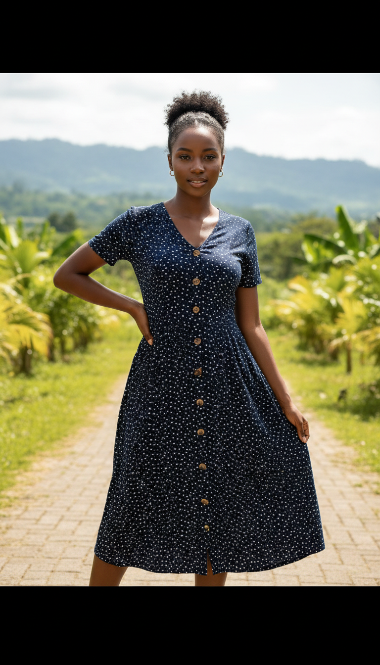 Navy Button-Front Midi Dress